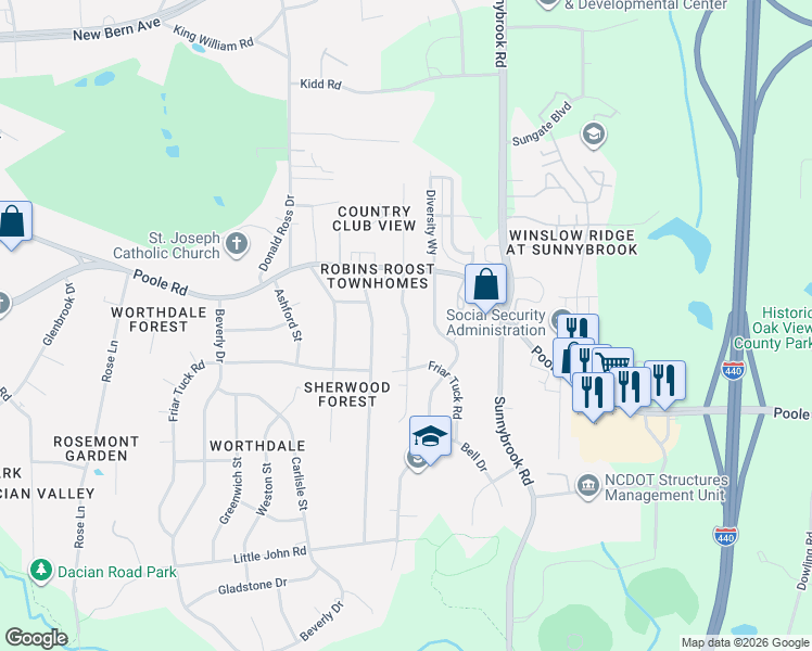 map of restaurants, bars, coffee shops, grocery stores, and more near 528 Cooper Road in Raleigh