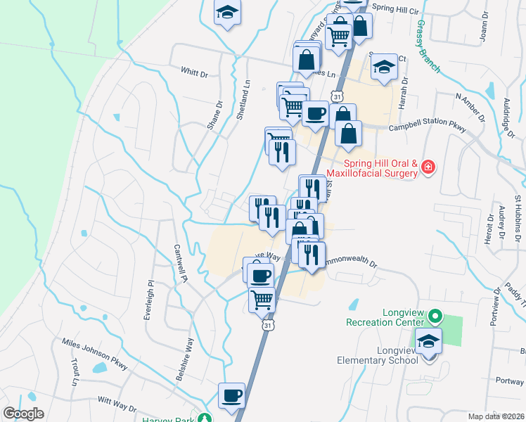 map of restaurants, bars, coffee shops, grocery stores, and more near 3015 Belshire Village Drive in Spring Hill