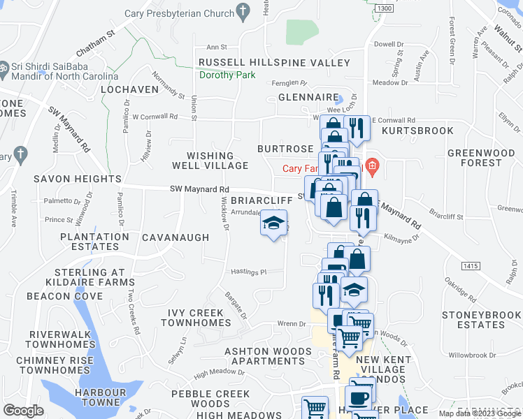 map of restaurants, bars, coffee shops, grocery stores, and more near 304 Arrundale Drive in Cary