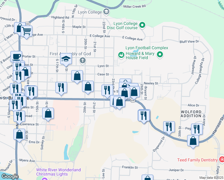 map of restaurants, bars, coffee shops, grocery stores, and more near 2285 Byers Street in Batesville