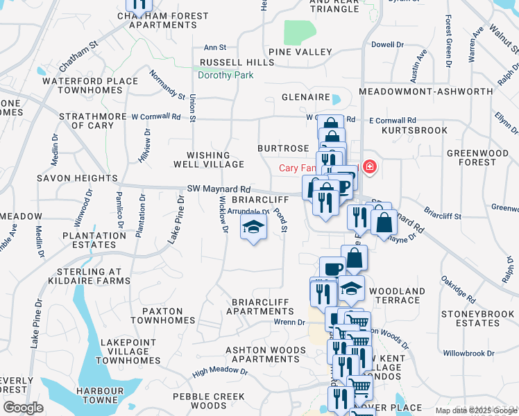 map of restaurants, bars, coffee shops, grocery stores, and more near 304 Arrundale Drive in Cary