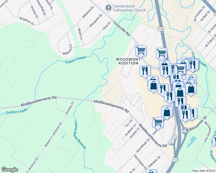 map of restaurants, bars, coffee shops, grocery stores, and more near 1216 Middlesettlements Road in Maryville