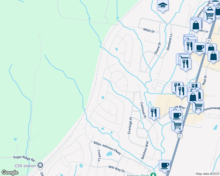 map of restaurants, bars, coffee shops, grocery stores, and more near 5109 Main Street in Spring Hill