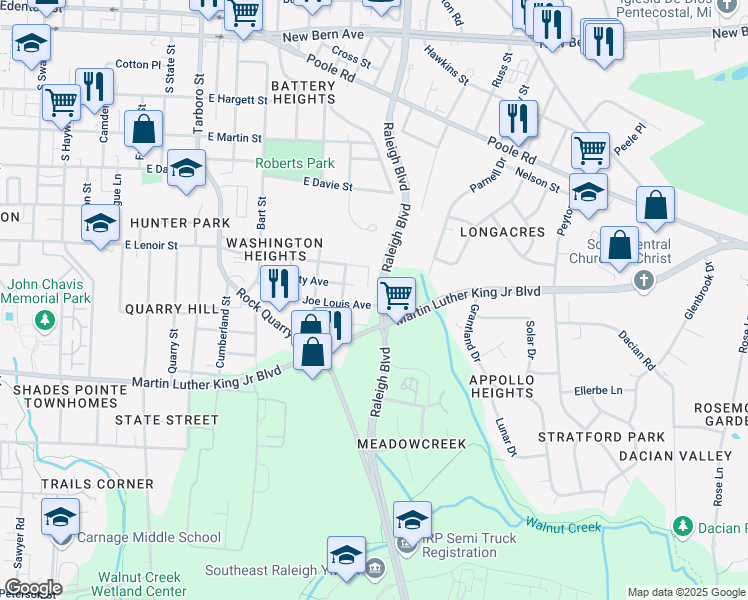 map of restaurants, bars, coffee shops, grocery stores, and more near 1621 Joe Louis Avenue in Raleigh