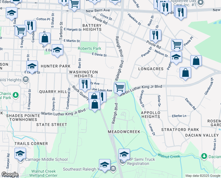 map of restaurants, bars, coffee shops, grocery stores, and more near 1611 Joe Louis Avenue in Raleigh
