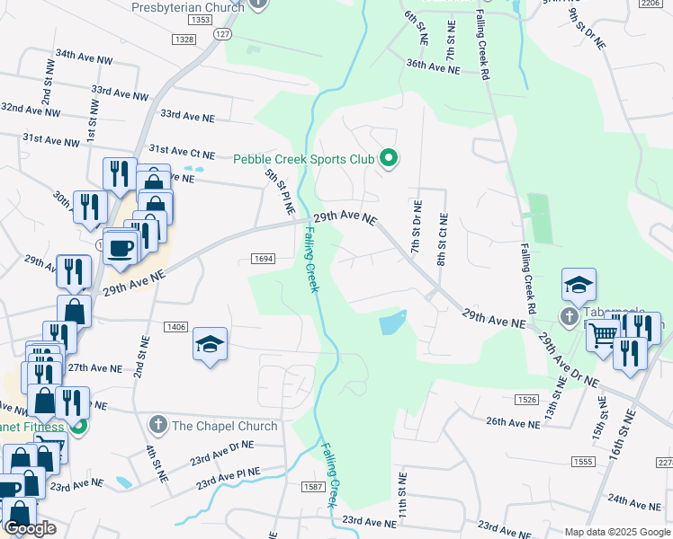 map of restaurants, bars, coffee shops, grocery stores, and more near 602 28th Avenue Court Northeast in Hickory