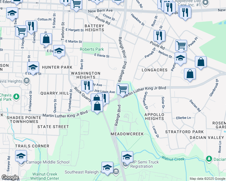 map of restaurants, bars, coffee shops, grocery stores, and more near 1611 Joe Louis Avenue in Raleigh