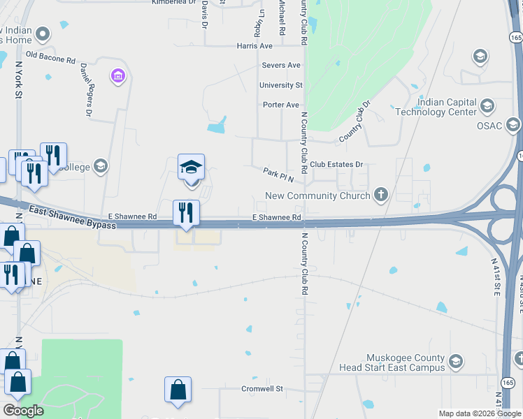 map of restaurants, bars, coffee shops, grocery stores, and more near 3306 East Shawnee Road in Muskogee