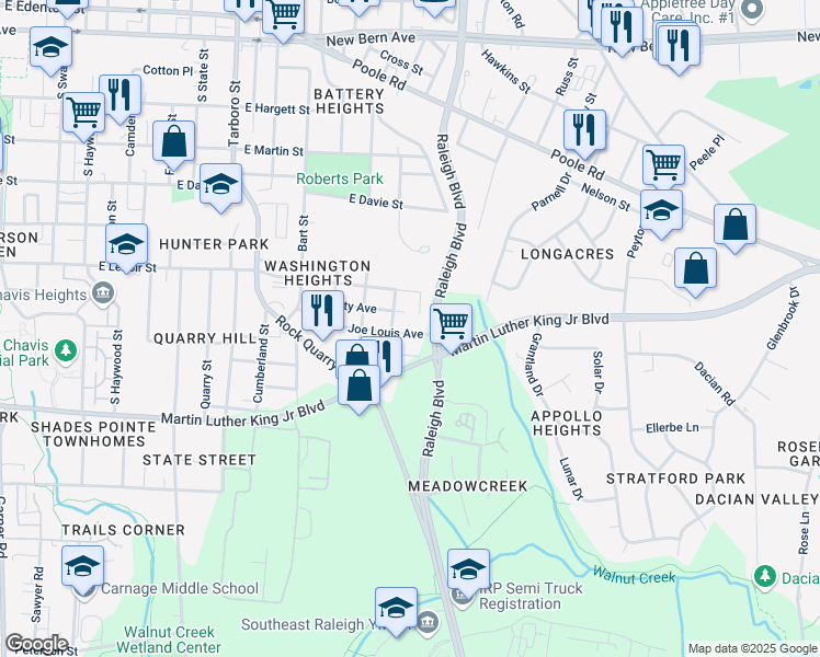map of restaurants, bars, coffee shops, grocery stores, and more near 1621 Joe Louis Avenue in Raleigh