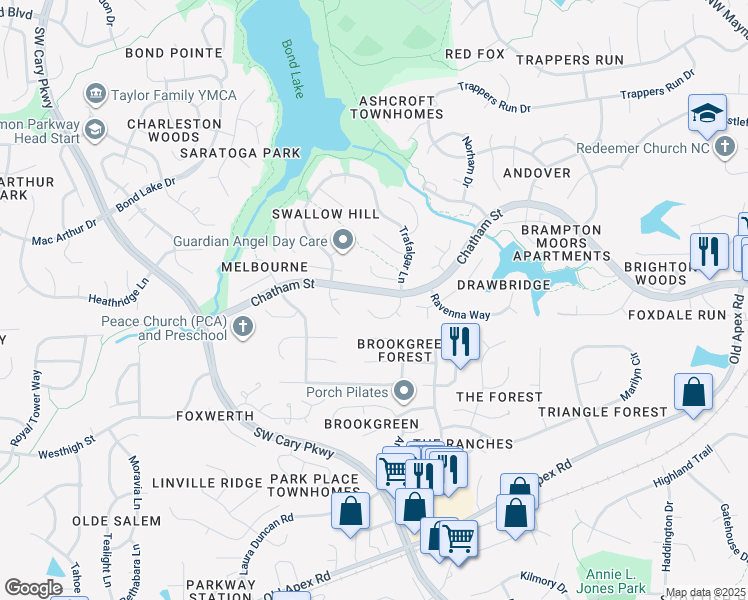 map of restaurants, bars, coffee shops, grocery stores, and more near 110 Old Rockhampton Lane in Cary