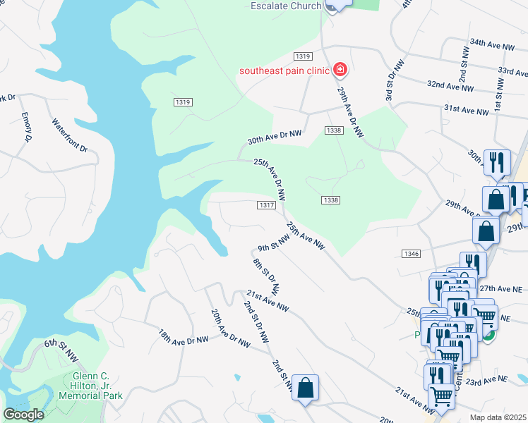 map of restaurants, bars, coffee shops, grocery stores, and more near 467 25th Avenue Northwest in Hickory