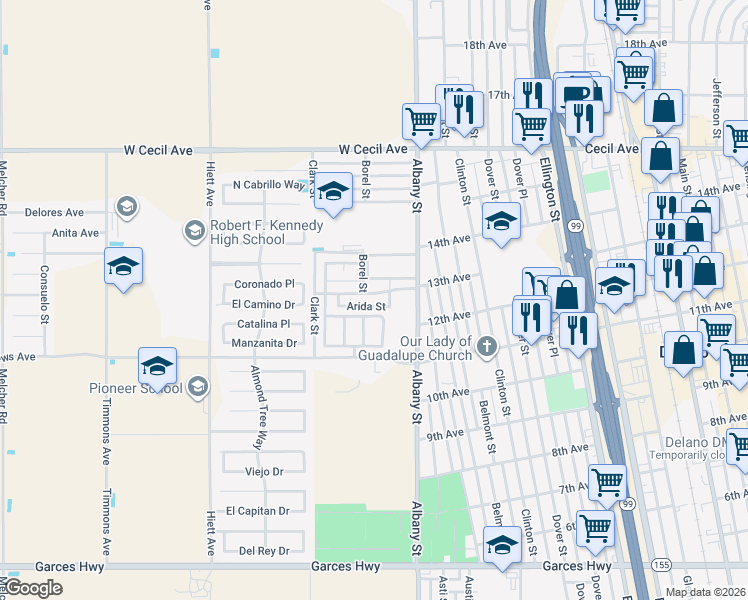 map of restaurants, bars, coffee shops, grocery stores, and more near 142 13th Avenue in Delano