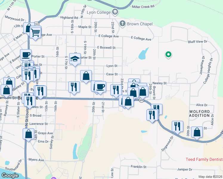 map of restaurants, bars, coffee shops, grocery stores, and more near 890 22nd Street in Batesville