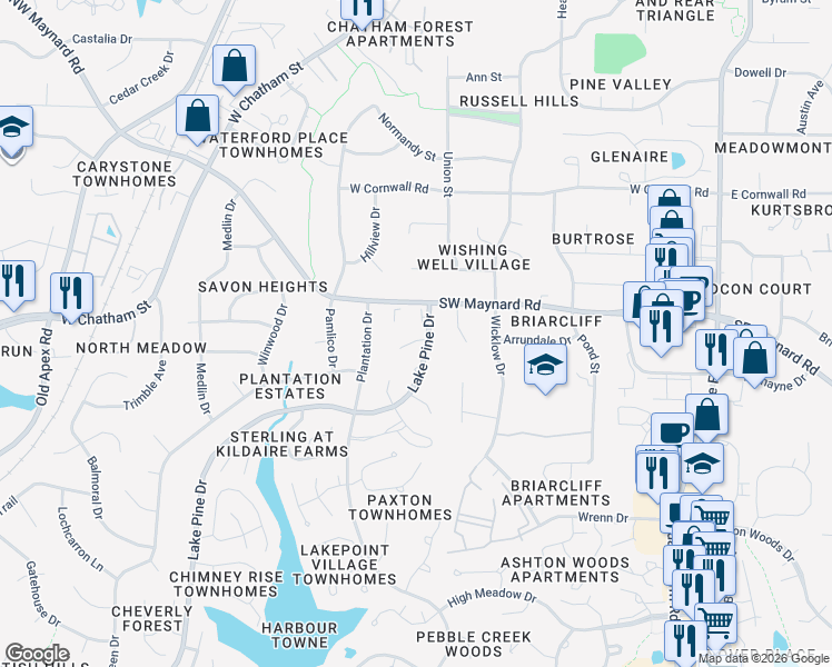 map of restaurants, bars, coffee shops, grocery stores, and more near 104 Creighton Court in Cary