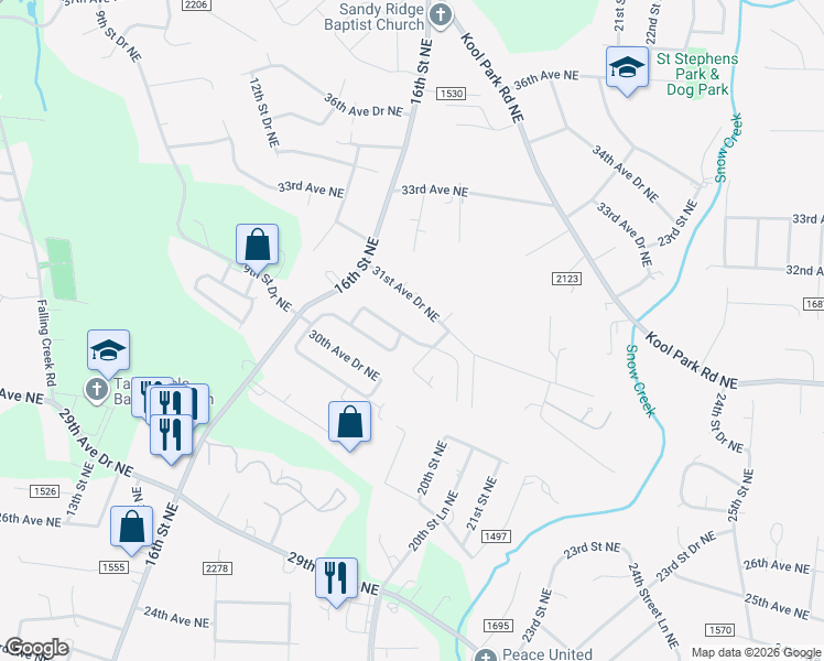 map of restaurants, bars, coffee shops, grocery stores, and more near 1775 31st Avenue Lane Northeast in Hickory