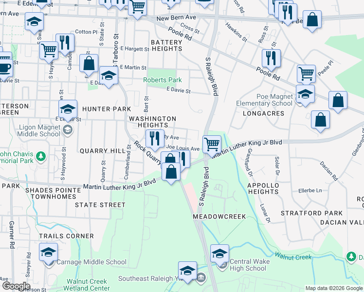 map of restaurants, bars, coffee shops, grocery stores, and more near 1516 1/2 Joe Louis Avenue in Raleigh