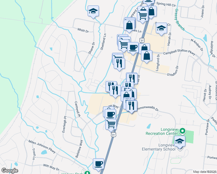 map of restaurants, bars, coffee shops, grocery stores, and more near 3015 Belshire Village Drive in Spring Hill