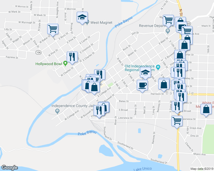 map of restaurants, bars, coffee shops, grocery stores, and more near 154 S 3rd St in Batesville