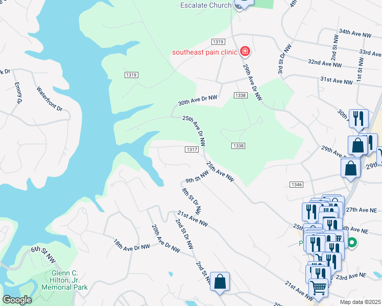 map of restaurants, bars, coffee shops, grocery stores, and more near 467 25th Avenue Northwest in Hickory