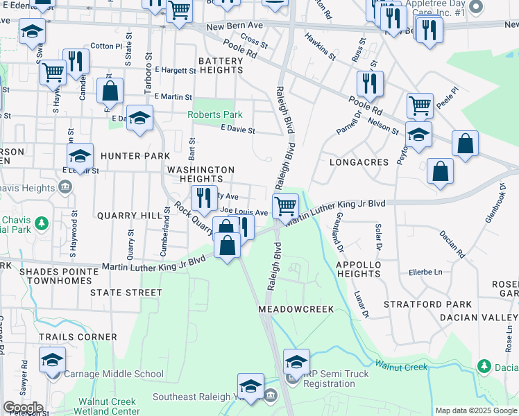 map of restaurants, bars, coffee shops, grocery stores, and more near 1621 Joe Louis Avenue in Raleigh