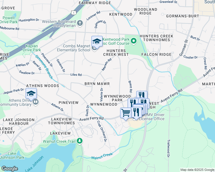 map of restaurants, bars, coffee shops, grocery stores, and more near in Raleigh
