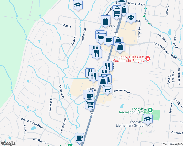 map of restaurants, bars, coffee shops, grocery stores, and more near 3015 Belshire Village Drive in Spring Hill