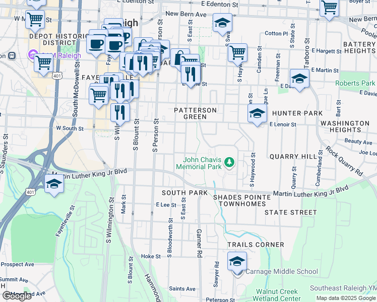map of restaurants, bars, coffee shops, grocery stores, and more near 802 South East Street in Raleigh