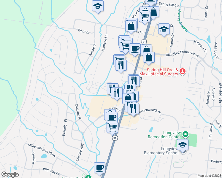 map of restaurants, bars, coffee shops, grocery stores, and more near 3015 Belshire Village Drive in Spring Hill