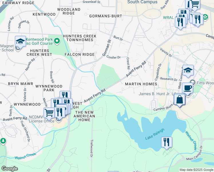 map of restaurants, bars, coffee shops, grocery stores, and more near 2811 Brigadoon Drive in Raleigh