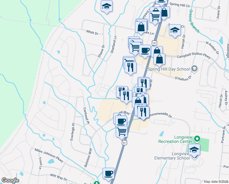 map of restaurants, bars, coffee shops, grocery stores, and more near 3015 Belshire Village Drive in Spring Hill