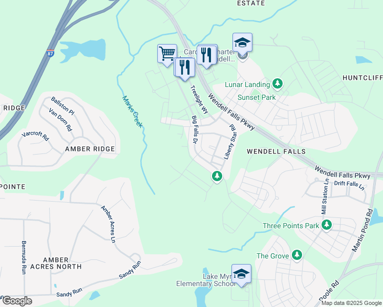 map of restaurants, bars, coffee shops, grocery stores, and more near 1993 Big Falls Drive in Wendell