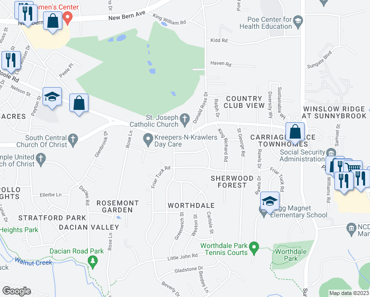 map of restaurants, bars, coffee shops, grocery stores, and more near 2811 Croydon Street in Raleigh