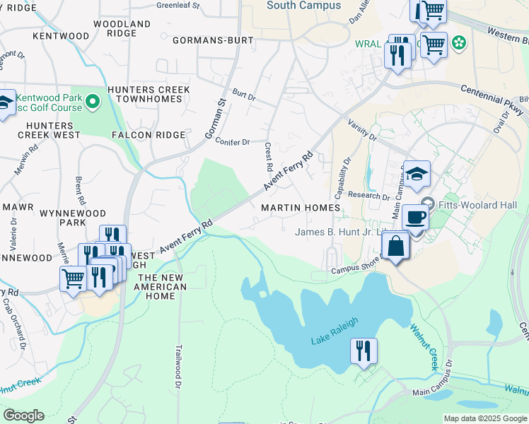 map of restaurants, bars, coffee shops, grocery stores, and more near 2714 Broadwell Drive in Raleigh