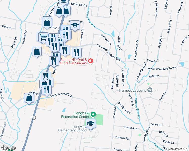 map of restaurants, bars, coffee shops, grocery stores, and more near 2112 Hemlock Drive in Spring Hill