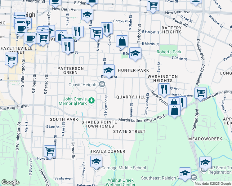 map of restaurants, bars, coffee shops, grocery stores, and more near 725 Church Street in Raleigh