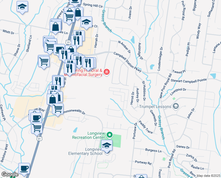 map of restaurants, bars, coffee shops, grocery stores, and more near 2112 Hemlock Drive in Spring Hill