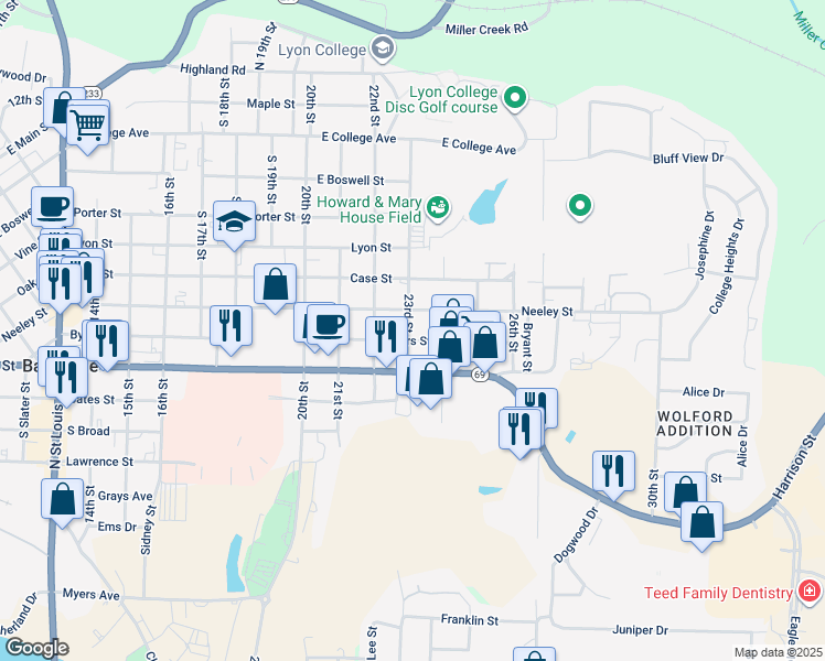map of restaurants, bars, coffee shops, grocery stores, and more near 2285 Byers Street in Batesville