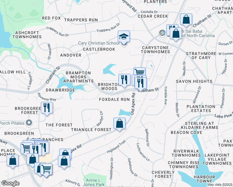 map of restaurants, bars, coffee shops, grocery stores, and more near 100 Hunting Chase in Cary