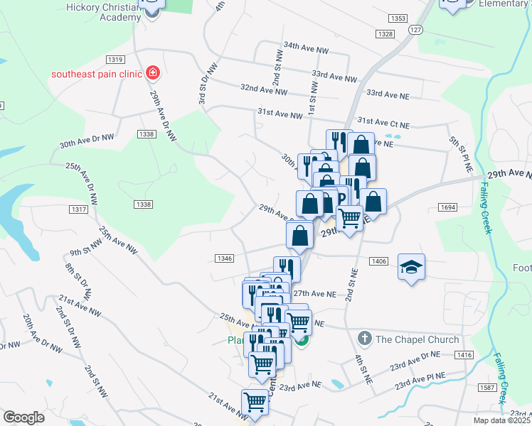 map of restaurants, bars, coffee shops, grocery stores, and more near 135 29th Avenue Northeast in Hickory