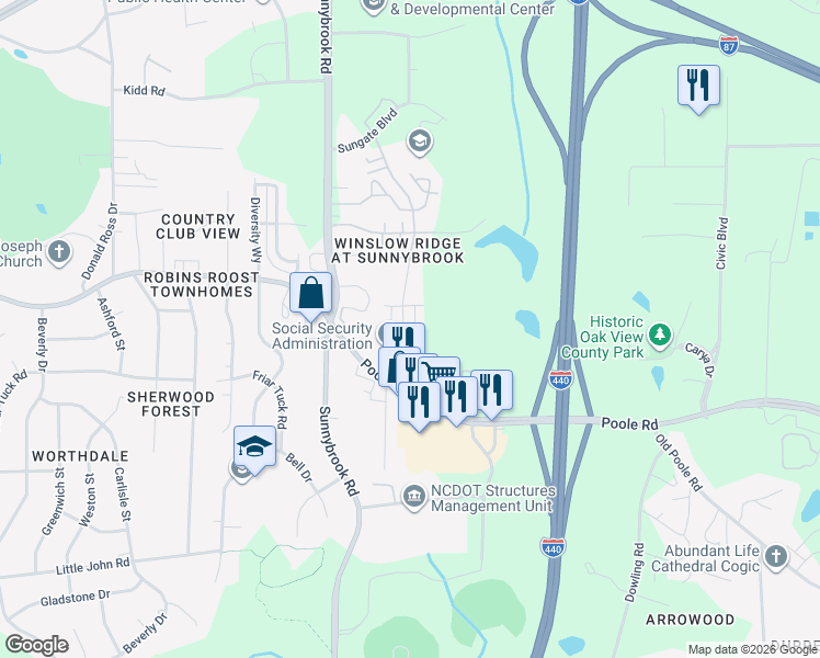 map of restaurants, bars, coffee shops, grocery stores, and more near 3315 Poole Road in Raleigh