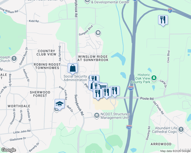 map of restaurants, bars, coffee shops, grocery stores, and more near 3315 Poole Road in Raleigh