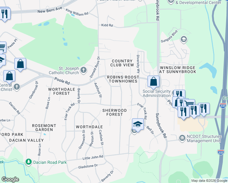 map of restaurants, bars, coffee shops, grocery stores, and more near 609 King Richard Road in Raleigh