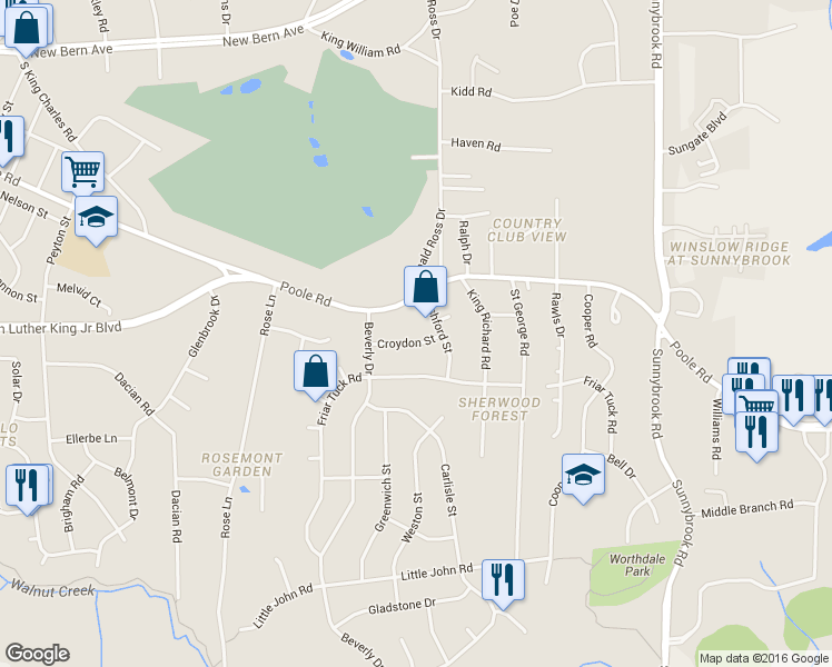 map of restaurants, bars, coffee shops, grocery stores, and more near 2826 Croydon Street in Raleigh