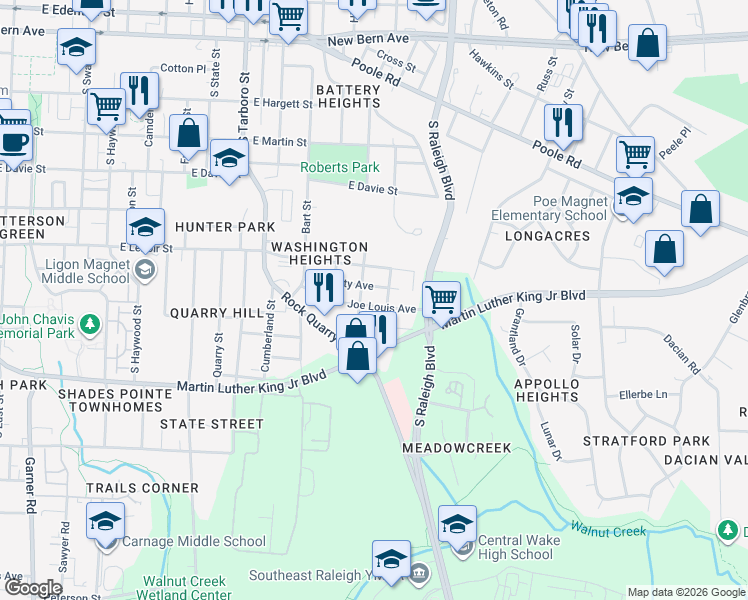 map of restaurants, bars, coffee shops, grocery stores, and more near 1516 1/2 Joe Louis Avenue in Raleigh