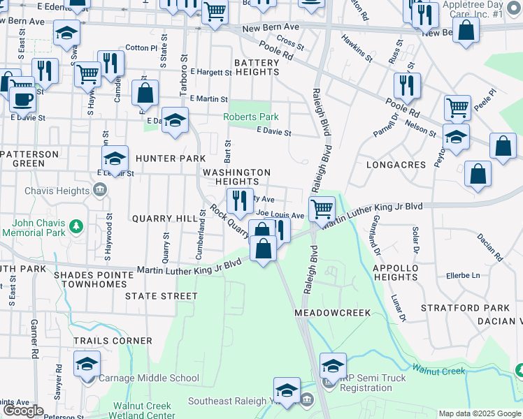 map of restaurants, bars, coffee shops, grocery stores, and more near 1400 Joe Louis Avenue in Raleigh
