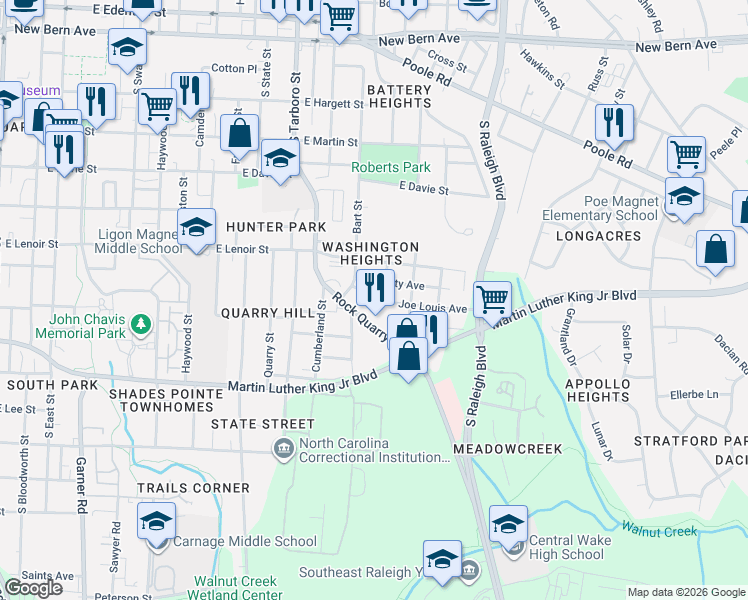 map of restaurants, bars, coffee shops, grocery stores, and more near 713 Rock Quarry Road in Raleigh
