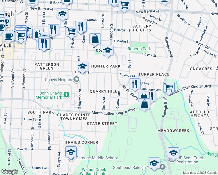 map of restaurants, bars, coffee shops, grocery stores, and more near 650 Coleman Street in Raleigh