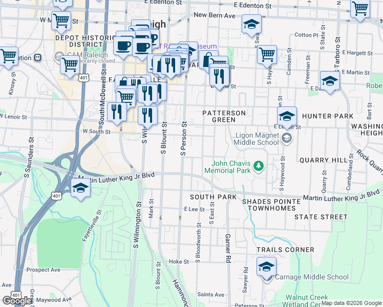 map of restaurants, bars, coffee shops, grocery stores, and more near 324 Worth Street in Raleigh