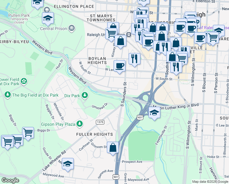 map of restaurants, bars, coffee shops, grocery stores, and more near 629 Effie Way in Raleigh