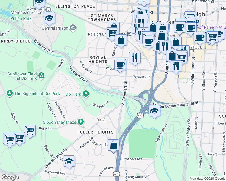 map of restaurants, bars, coffee shops, grocery stores, and more near 629 Effie Way in Raleigh